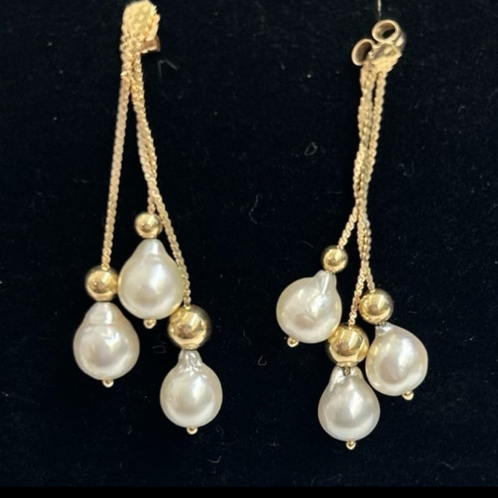 14K YELLOW GOLD ELEGANT & BEAUTIFUL VINTAGE YELLOW GOLD & PEARL DANGLE EARRINGS